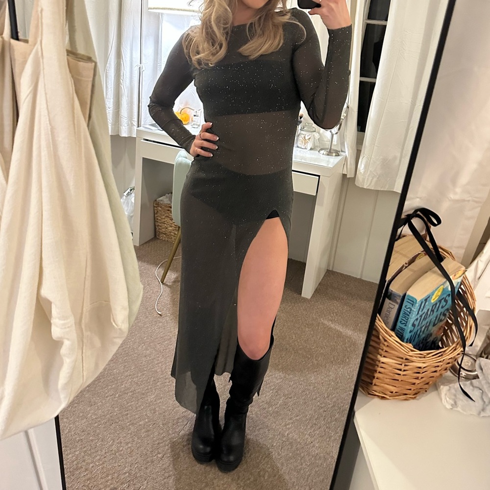 Sheer Olive Glitter Maxi Dress with Slit
